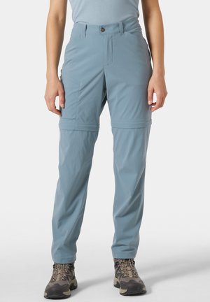 Pantalones de senderismo azul claro con piernas desmontables, tela resistente al agua, cintura ajustable y cuatro bolsillos para utilidad.