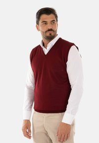 Maglione senza maniche di colore bordeaux con scollatura a V sopra una camicia bianca con colletto, abbinato a pantaloni beige chiaro. Tessuto liscio, design aderente.
