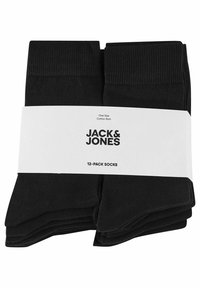 Schwarze, baumwollreiche Socken im 12er-Pack, ordentlich gefaltet und mit einem weißen Band gesichert, auf dem Marken- und Produktinformationen angezeigt werden.