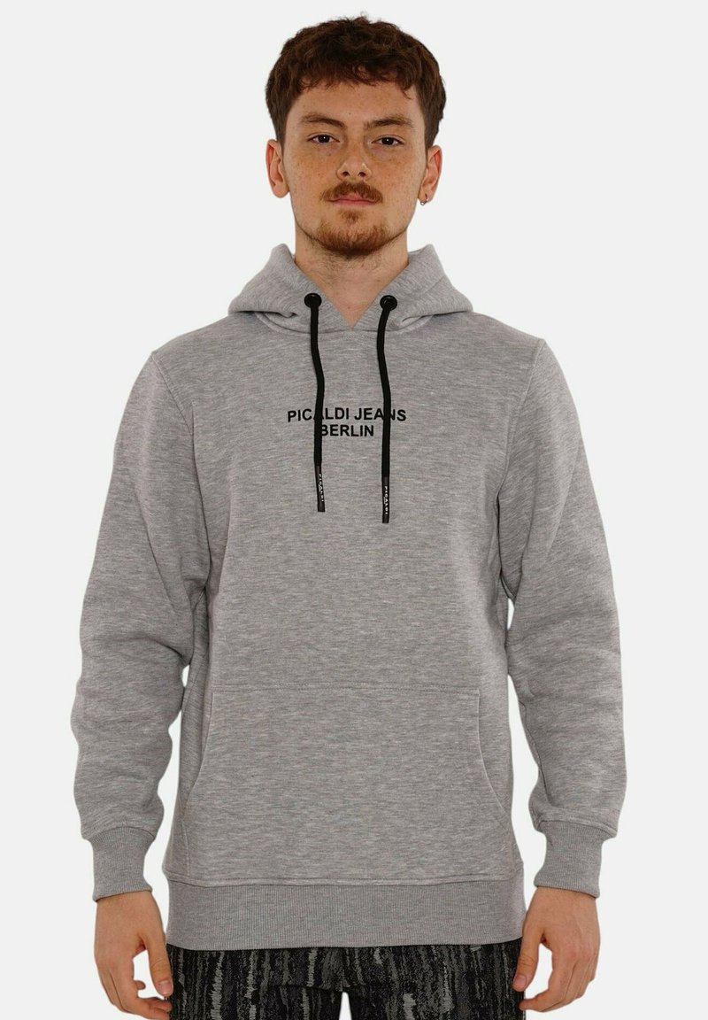 Gray fleece hoodie with a front pocket, black drawstrings, and "PICCADI JEANS BERLIN" printed in black across the chest.