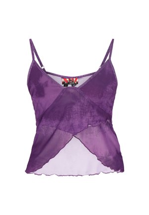 Paarse mouwloze spaghetti top met gelaagde, asymmetrische mesh-stof en een klein labeltje bij de halslijn.