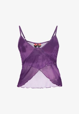 Paarse mouwloze spaghetti top met gelaagde, asymmetrische mesh-stof en een klein labeltje bij de halslijn.