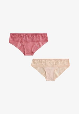 Kaks paari naiste aluspükse, millel on pitsääris. Üks paar on pehme roosakas lillemustriga, teine beežist samalaadse pitsimustriga.