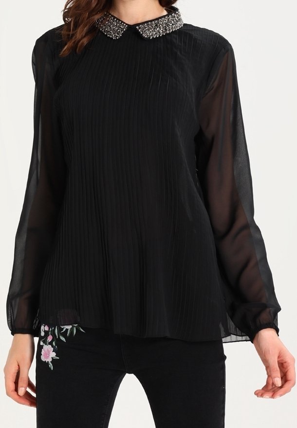 Svart plisserad blus med genomskinliga långa ärmar, utsmyckad krage och blommig brodyr i fållen, vilket tillför textur och detalj.