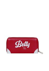 Portefeuille rouge à fermeture éclair en matériau brillant avec des accents blancs. Le devant affiche le texte "Betty Boop Love" en typographie audacieuse.