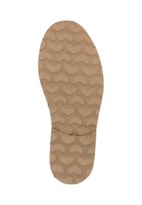 Semelle de chaussure en caoutchouc beige avec un motif de bande en chevron répétée pour l'adhérence, présentée à plat sur un fond blanc.