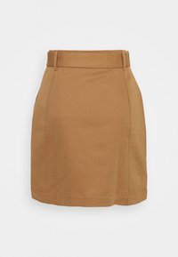 Brun kjol i texturerad tyg, med en åtsittande midja, kort längd och rena linjer med minimala sömnadsdetaljer.