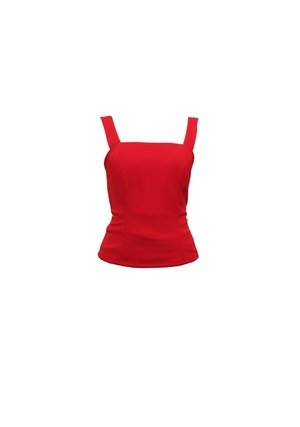 Top rosso aderente con scollatura quadrata e spalline larghe. Realizzato in un tessuto liscio con una forma sagomata e senza motivi o decorazioni visibili.