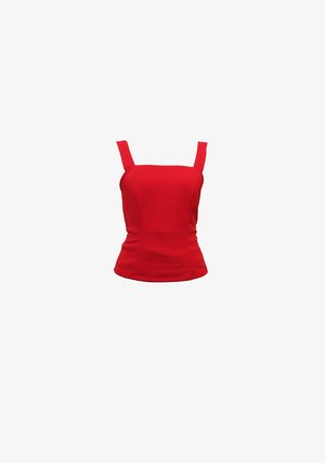 Red fitted top with square neckline and wide shoulder straps. Made of smooth fabric with a tailored shape and no visible patterns or embellishments.