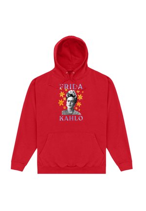 Rød hættetrøje med et sort-hvidt portræt af Frida Kahlo omgivet af gule blomster og hendes navn trykt over og under billedet.