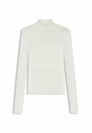 Weißes Langarmoberteil mit hohem Kragen, ausgestattet mit geripptem Material und diagonalen Paneeldetails, aus leichtem Strickstoff gefertigt.