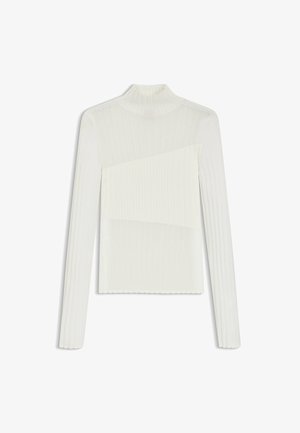 Witte lange mouwen top met een hoge hals, voorzien van ribbelstructuur en diagonale paneeldetails, gemaakt van lichtgewicht gebreide stof.