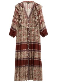 Robe longue de style bohème avec un col à volants, une fermeture à boutons à l'avant et une taille à nouer. Présente des motifs floraux dans des teintes de bordeaux, crème et marron.