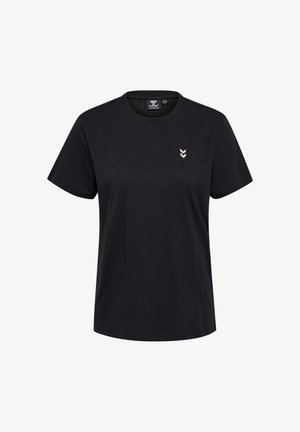 Schwarzes Baumwoll-T-Shirt mit kurzen Ärmeln, rundem Halsausschnitt und einem kleinen gestickten goldenen Chevron-Logo auf der linken oberen Brust.