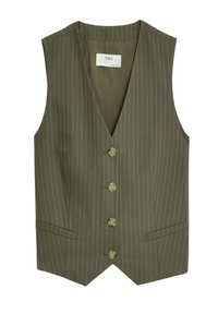 Oliwkowa kamizelka z pionowymi prążkami, dekoltem w serek, pięcioma guziczkami i dwoma przednimi kieszeniami. Wykonana z teksturowanej tkaniny.