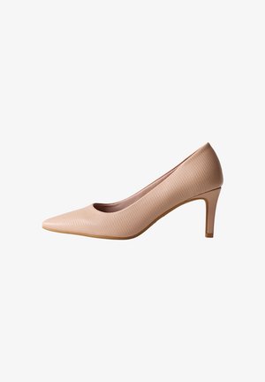 Beige pumps met een spitse neus en hoge hakken, voorzien van een subtiel gestructureerd patroon en een slanke middelhoge hak op een witte achtergrond.