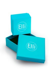 Boîtes-cadeaux turquoise, l'une légèrement ouverte, affichant une finition lisse et un logo rond 'Elli par Julie & Grace' à l'avant.