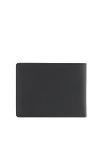 Portafoglio in pelle nera con una texture liscia, forma rettangolare e angoli arrotondati. Caratterizzato da cuciture pulite e senza accenti visibili.