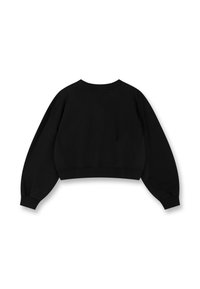 Sudadera corta negra con mangas largas y abullonadas, cuello y puños acanalados. Tejido suave con una textura lisa y un detalle mínimo.