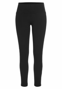 Black leggings made of stretchy fabric, with a high waistband and white text accents along the side seams for added detail.