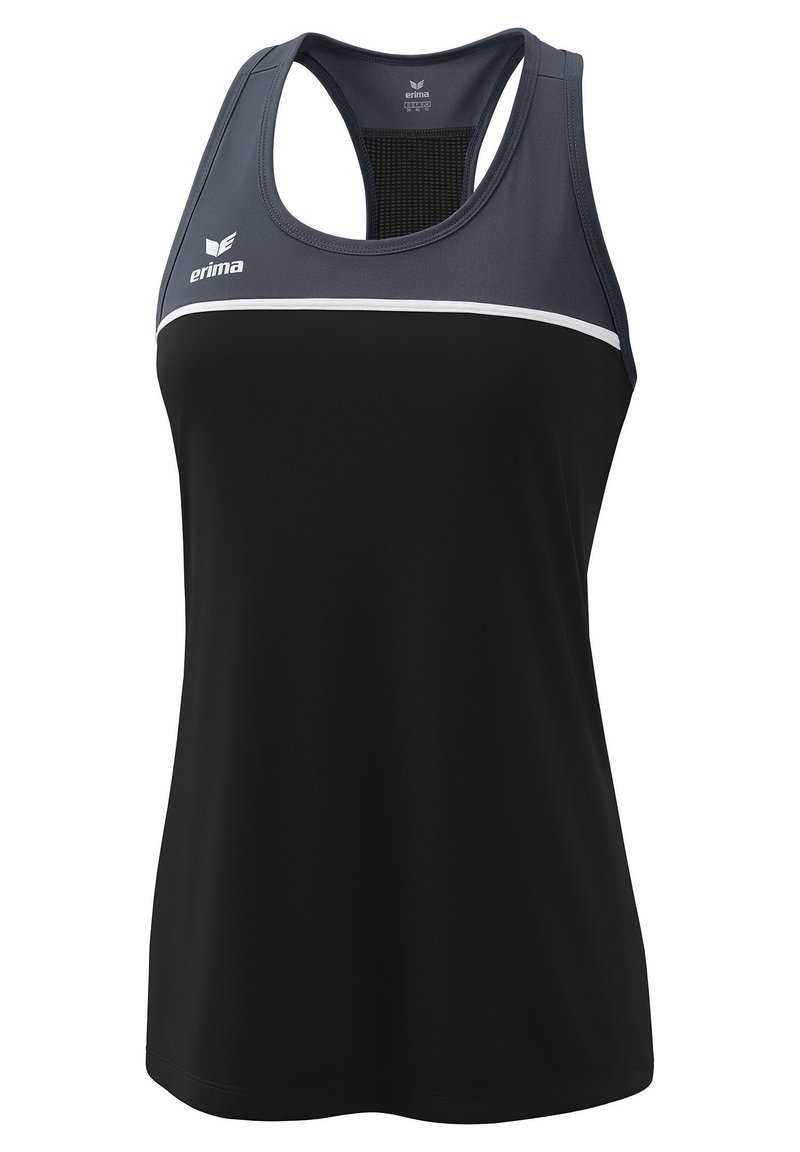 Zwart sporttanktop met een ronde hals, grijze accenten en een witte streep. Gemaakt van lichtgewicht, ademend materiaal; heeft een mesh achterkant.
