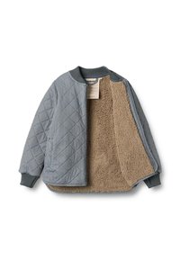 Quiltet grå jakke med en blød beige foring, ribstrikkede manchetter og krave samt lynlås lukning. Indvendige syninger og stoftstruktur er synlige.