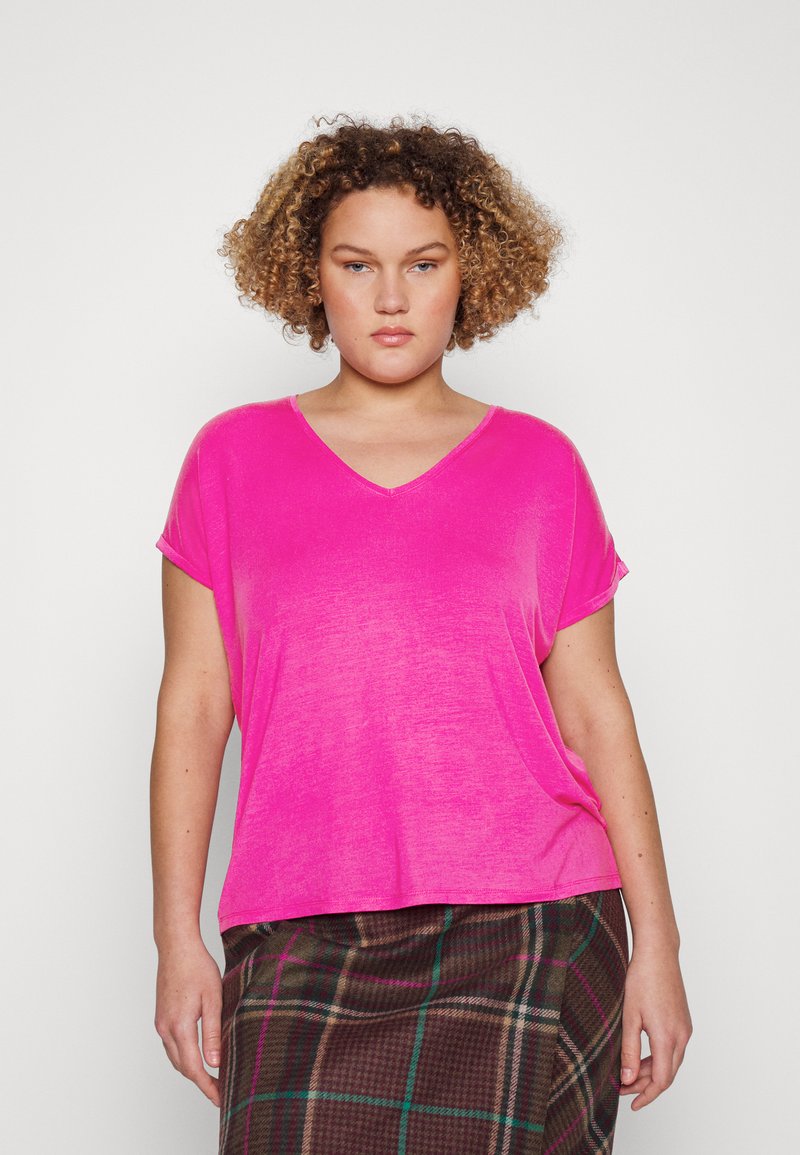 Vero Moda Curve VMAYA V-NECK NOOS CURVE - Navadna majica - pink yarrow