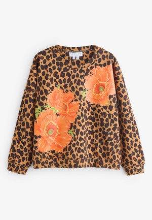 Langärmliges Sweatshirt mit Leopardenmuster, großen orangen Mohnblumen vorne und rundem Ausschnitt.