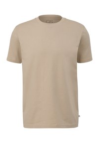 T-shirt beige à manches courtes et col rond, avec une petite étiquette logo sur la couture latérale inférieure, présenté sur un fond blanc.