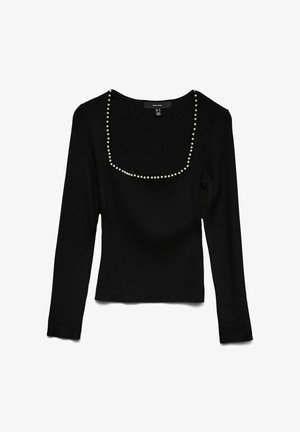 Top de manga larga de canalé negro con escote cuadrado adornado con un borde de pequeñas embellishments redondas y blancas.