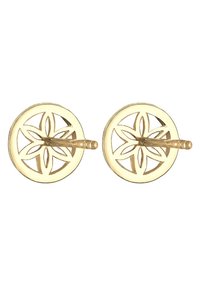 Orecchini rotondi in oro con un intricato design a taglio di stella floreale. Superficie liscia con finitura lucida, perni per indossarli in modo sicuro.