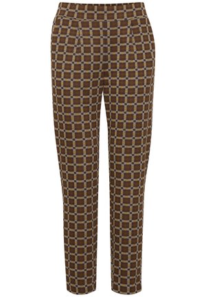 Pantalons marron à motif avec un design à carreaux et des accents beiges, coupe ajustée, texture lisse et plis avant visibles.