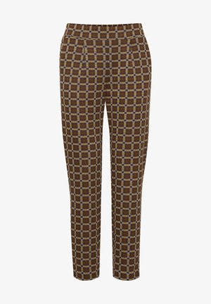 Braune gemusterte Hose mit einem Karomuster und beigen Akzenten, taillierte Passform, glatte Textur und sichtbare vordere Falten.