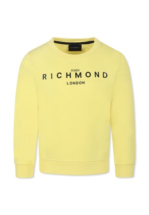 Geel katoenen sweatshirt met ronde hals en ribgebreide mouwen. Bevat vetgedrukte zwarte tekst "JOHN RICHMOND LONDON" over de borst.