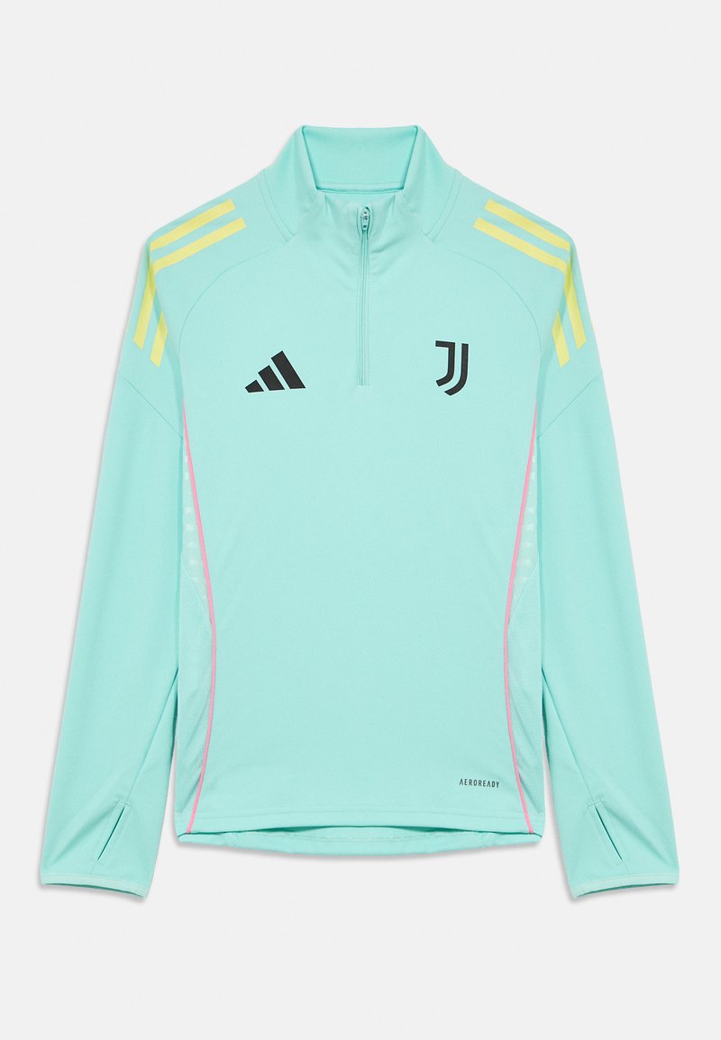 Pulover sportiv de culoare aqua deschis cu guler semi-închidere cu fermoar, logo-uri negre, dungi galbene pe umeri, accente roz pe părțile laterale și material texturat.