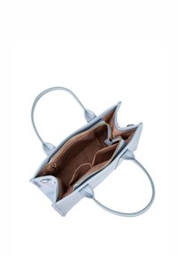 Borsa a tracolla in pelle blu chiaro con chiusura a zip e due manici. L'interno presenta diverse tasche foderate in tessuto marrone.