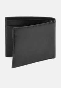 Portafoglio nero in pelle con texture liscia, design a due pieghe, cuciture visibili e due scomparti per carte e contante.
