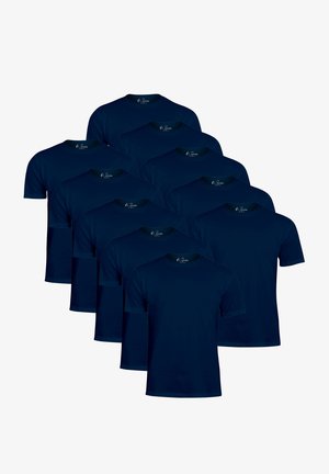 Navy blue cotton t-shirts displayed in a stacked layout, featuring short sleeves and crew necks, with minimal branding on the inside collar.