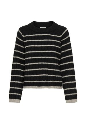 Knitted black sweater with white horizontal stripes, crew neck, ribbed cuffs, and hem. Soft texture with a relaxed, cropped fit.
