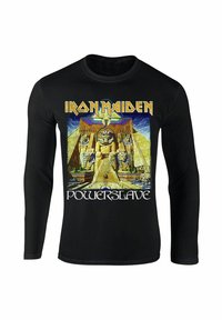 Zwarte lange mouwen shirt met een levendige "Iron Maiden Powerslave" grafik, versierd met Egyptische motieven en gedetailleerde kunst aan de voorkant.