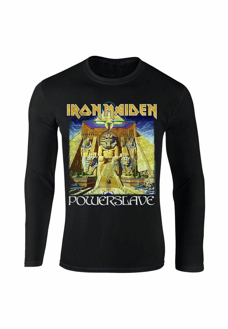 Zwarte lange mouwen shirt met een levendige "Iron Maiden Powerslave" grafik, versierd met Egyptische motieven en gedetailleerde kunst aan de voorkant.