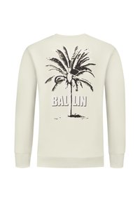 Lichtbeige sweatshirt met een zwart palmbomen graphic en de tekst "BAL LIN" eronder. Geribbelde manchetten en halslijn. Zachte textuur.