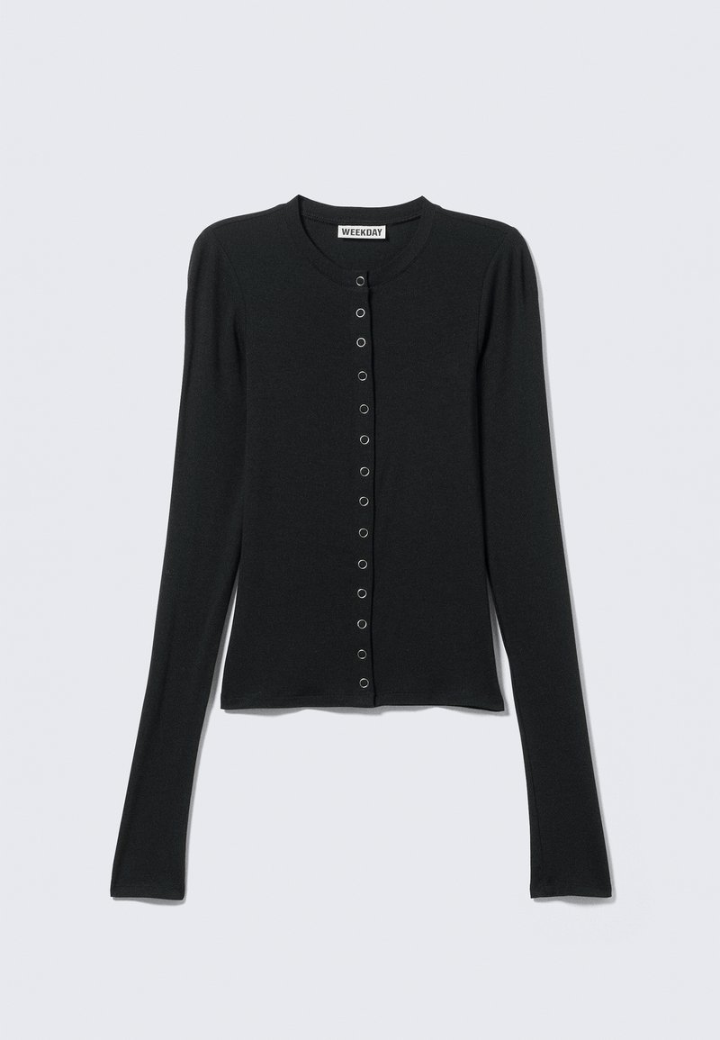 Zwarte lange mouwen cardigan met een ronde hals, knoopsluiting aan de voorkant, een getailleerd ontwerp en een gladde, geribbelde textuur.