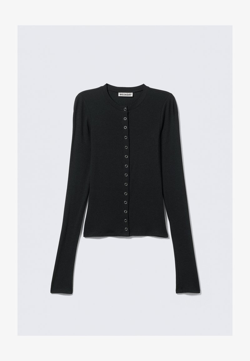 Zwarte lange mouwen cardigan met een ronde hals, knoopsluiting aan de voorkant, een getailleerd ontwerp en een gladde, geribbelde textuur.