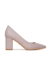 Zapato de mujer en ante color malva claro, con punta puntiaguda y tacón bloque ancho de altura media, exhibido sobre fondo blanco.