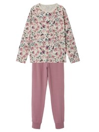 Long-sleeve floral pajama top in cream with pink and navy flowers, paired with light pink pants featuring elastic cuffs at the ankles.