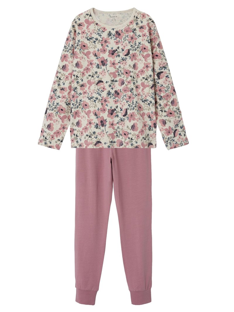 Long-sleeve floral pajama top in cream with pink and navy flowers, paired with light pink pants featuring elastic cuffs at the ankles.