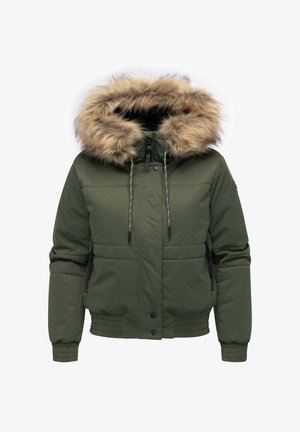 Olive green padded winter jacket with elastic cuffs, two zippered pockets, front buttons, and a fur-trimmed hood with drawstrings.