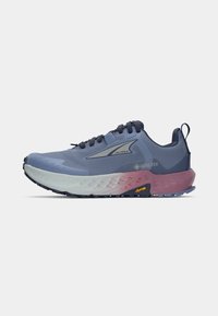 GORE-TEX trail running shoes featuring a gradient blue to purple upper, textured mesh material, and rugged Vibram outsole for traction.