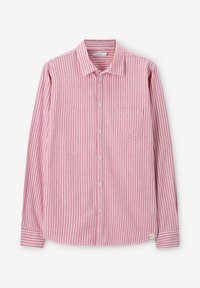 Rood-wit gestreept shirt met lange mouwen, een knoopsluiting aan de kraag, een borstzak en een afgeronde zoom. Gemaakt van lichtgewicht stof.